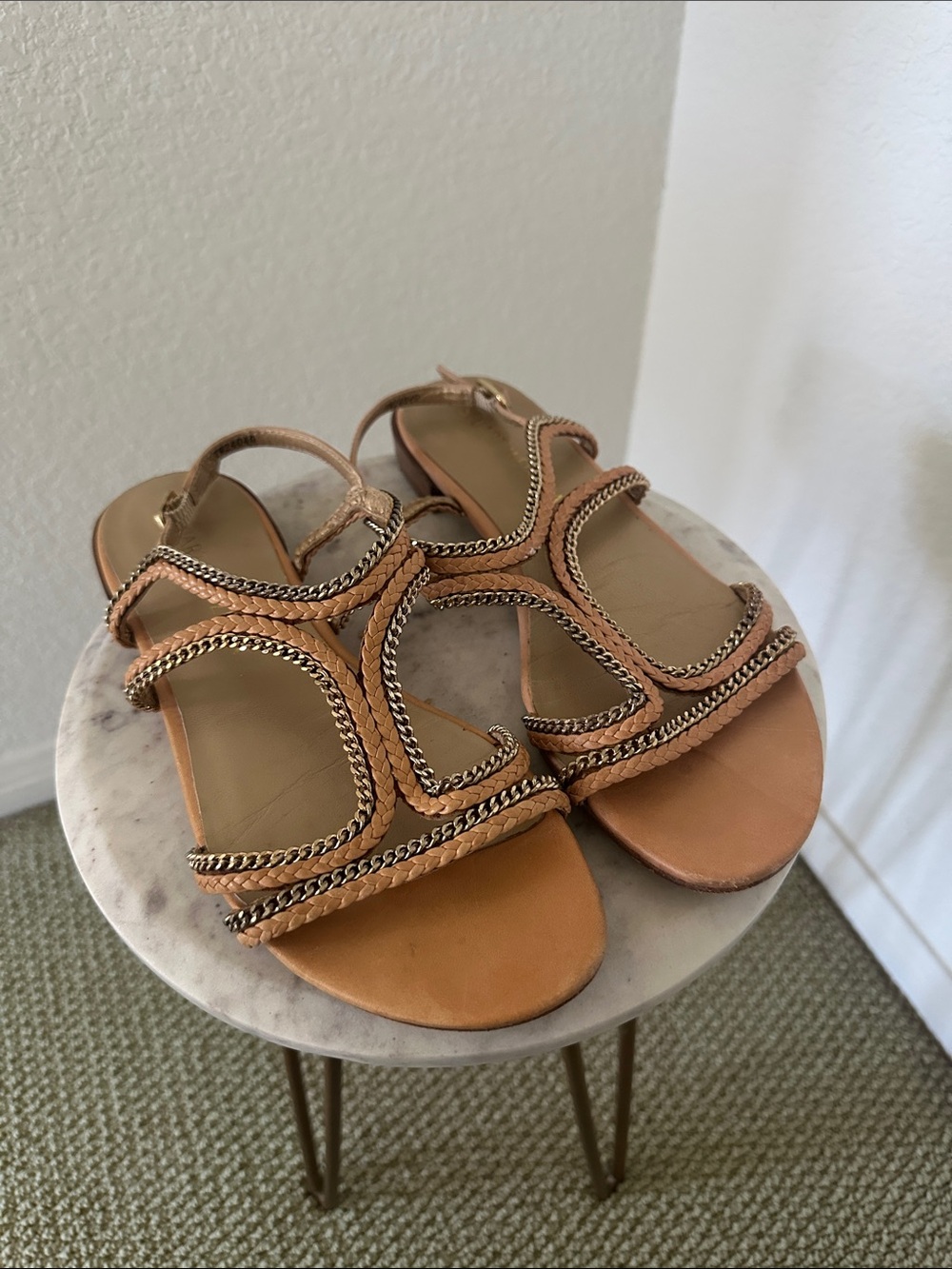 Stuart Weitzman Tan Braided Chain Strap Sandals